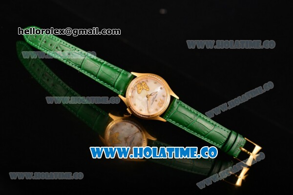 Vacheron Constantin Metiers d'Art Swiss ETA 2824 Automatic Yellow Gold Case with White MOP Dial Green Leather Strap and Diamonds Bezel - Click Image to Close